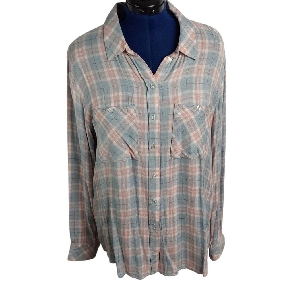 Sanctuary‎ Tomboy Shirt Womens XL Blue Pink Plaid Button Down Rayon Long Sleeve